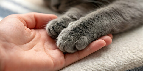 Gray cat’s paws resting in a human hand close-up