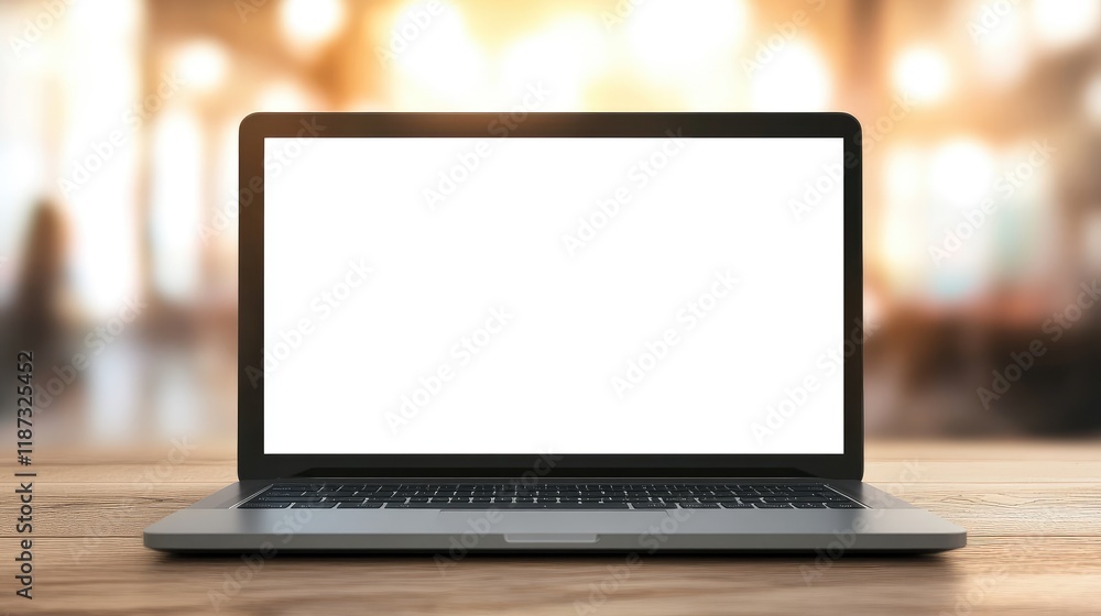 Poster a modern laptop with a blank white screen on a wooden table, set against a blurred office interior b
