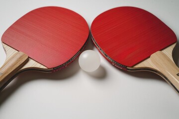 Two red ping pong paddles and a white ball are placed on a white surface.