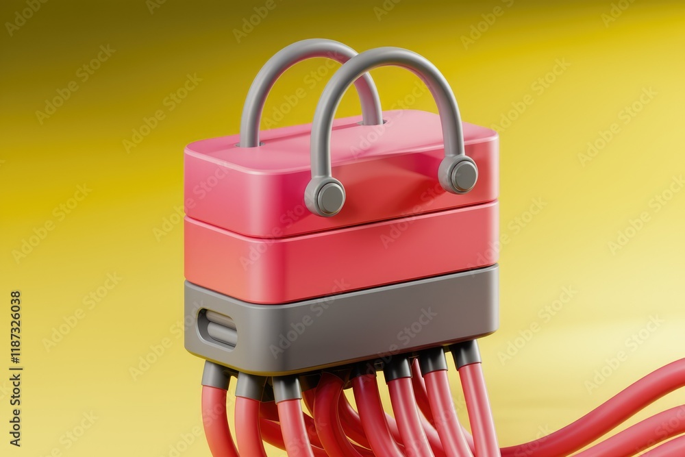 Poster A stackable pink and grey box with a handle and multiple red tubes extending from its base.