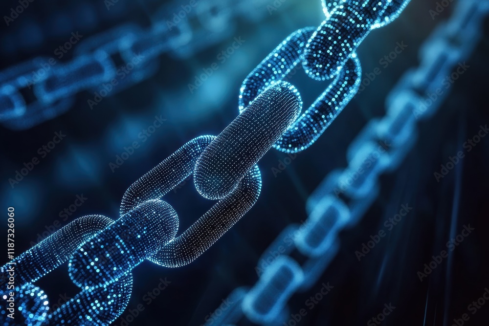 Poster pulsating dots illustrating the concept of blockchain technology in a digital landscape