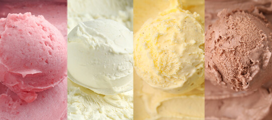 Yummy ice cream of different flavors, collage