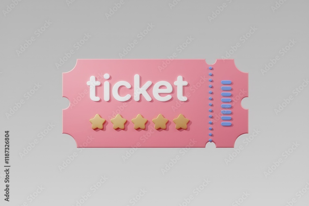 Poster A pink 3D render of a ticket with four stars indicating high rating
