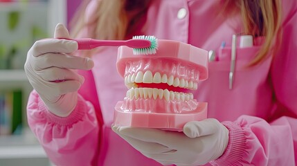 Colorful dental demonstration with a pink model of teeth being brushed, showing proper oral hygiene techniques for healthy smiles and effective brushing.