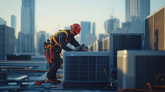 A technician repairs HVAC systems on a rooftop in a bustling city. Safety gear is essential, showcasing the dedication to maintenance and air conditioning service.