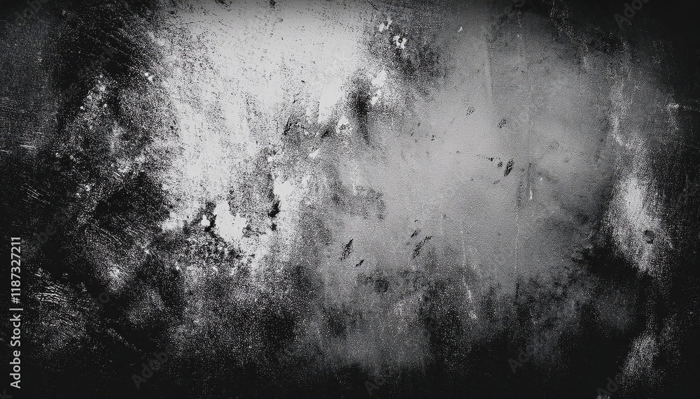 Poster striking black and white distressed grunge texture background with abstract patterns and layers, evo