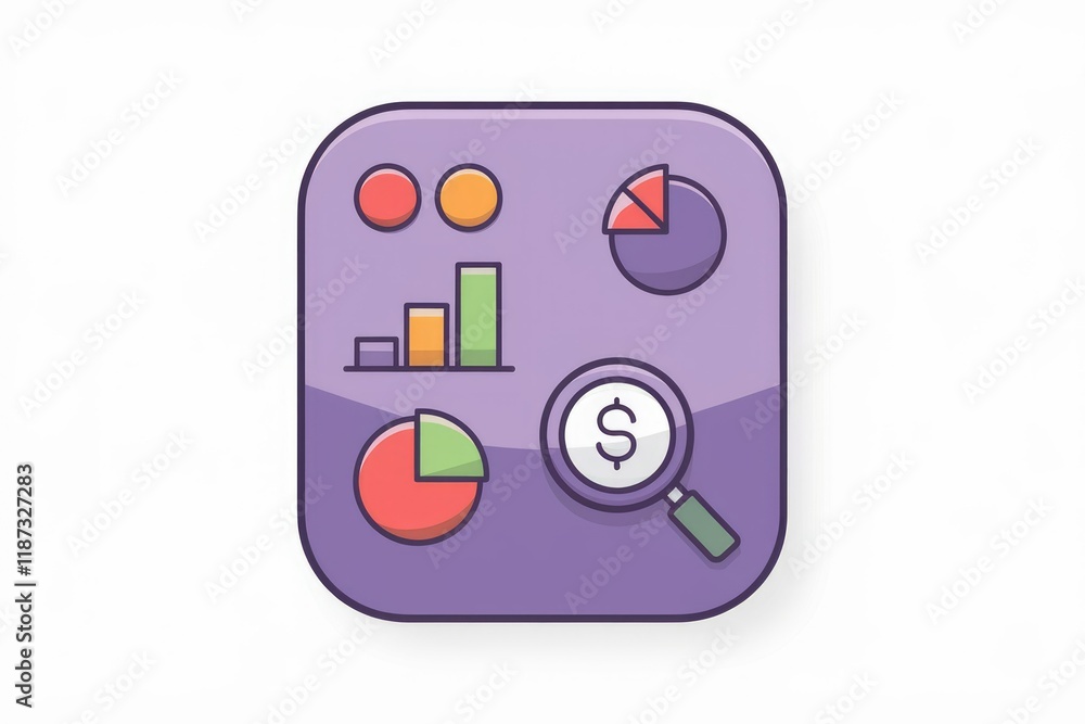 Poster financial data dashboard showing charts, graphs, and a magnifying glass focusing on a dollar sign, s