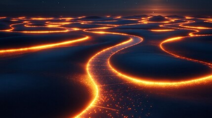 Customer journey visualized glowing path leading through interconnected radiant nodes
