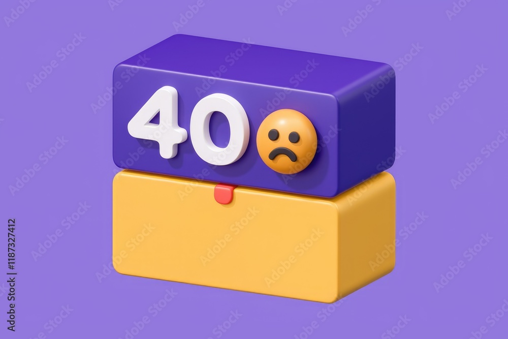 Poster 3D render of a 404 error message with a sad emoji, indicating a webpage not found.