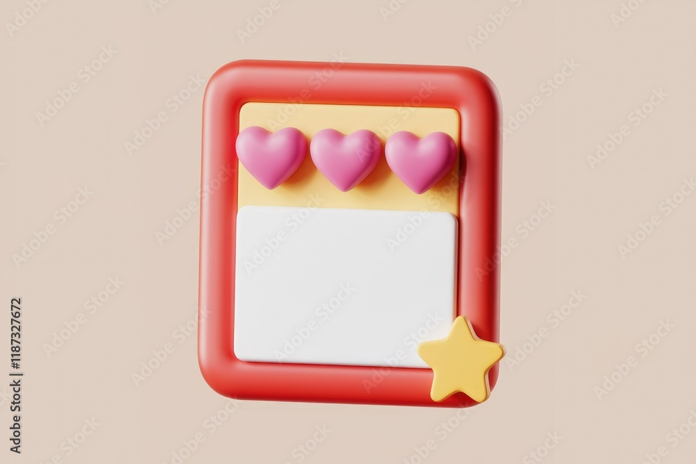 Poster 3d render of a cute frame with three hearts and a star, symbolizing likes and ratings.