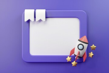 Purple frame with a cartoon rocket launching towards stars, symbolizing new beginnings and innovation.