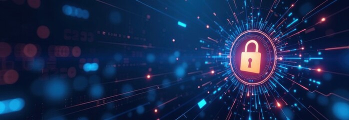 Obraz premium Cybersecurity futuristic digital lock protecting data flow in cyberspace