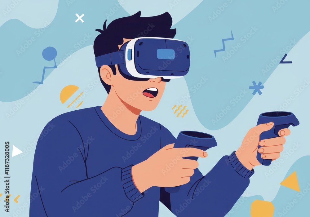 Poster immersive virtual reality experience with modern headset and controllers in a colorful setting