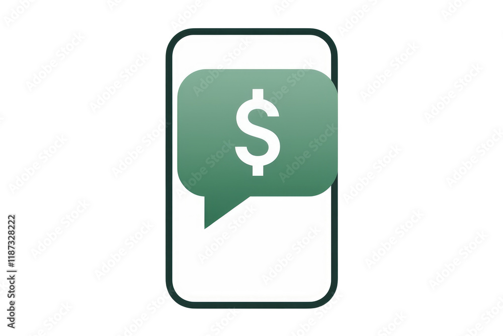 Poster smartphone displaying a green speech bubble with a dollar sign, signifying mobile money transfer or 