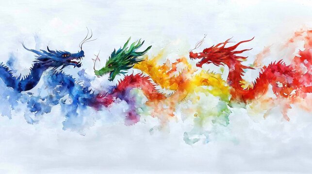 A painting of three dragons with different colors