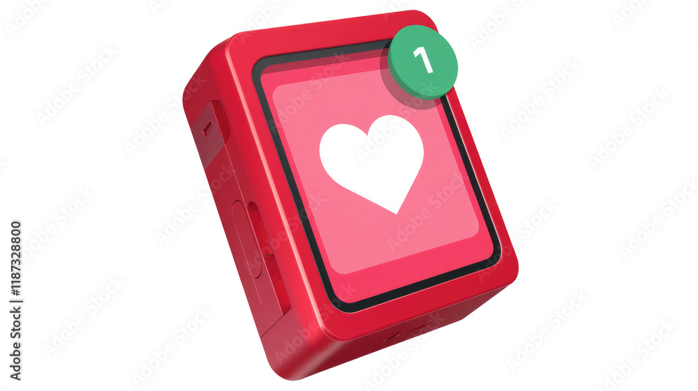 Poster Red device displays a heart icon with a notification of one new like. background removed