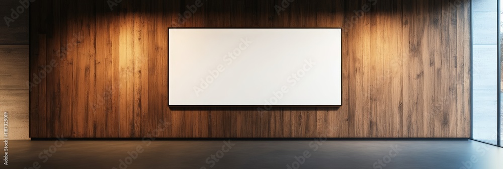 Aufkleber empty white rectangular horizontal banner hanging on a wooden wall in a modern gallery space with co