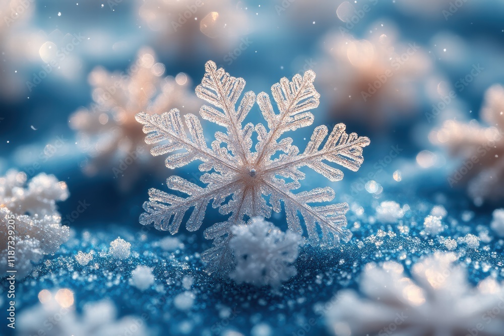 Poster snowflakes in various shapes scattered across a blue gradient background