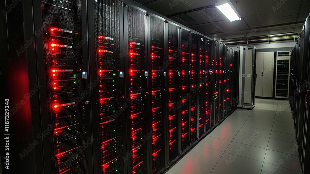 Poster modern data center with servers and sleek network architecture