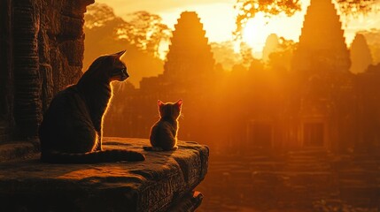 Sunrise silhouettes: cats on ancient temple ruins.