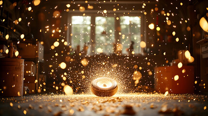 Obraz premium Glowing orb amidst wood shavings and sparkling dust in workshop.