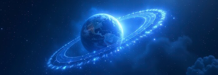Planet earth rotating showing north and south america with digital rings orbiting around