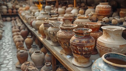 Ancient Pottery Display in a Middle Eastern Market
