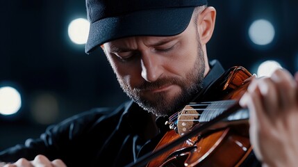 A man is playing a violin in a dark room