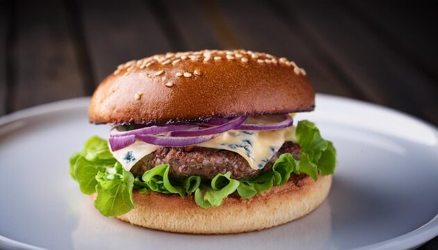 hamburguesa connoisseur con lechuga cebolla morada y queso azul desmenuzado en un pan de semillas de sesamo servida en un plato blanco