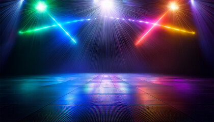 Obraz premium colorful stage lights illuminate a dark reflective floor