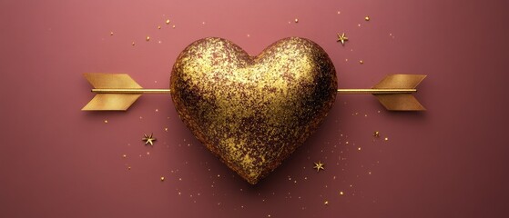 Golden heart pierced by arrow on pink background with glitter, ideal for Valentine's Day designs.