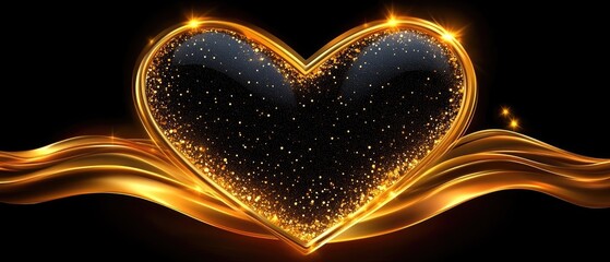 Golden heart with glowing particles on black background, ideal for romance projects.