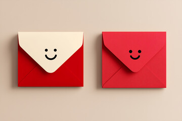 Valentine envelopes, on a beige background, with a simple, minimalist, and playful design with black smiley faces on their flaps, with a warm and cheerful vibe