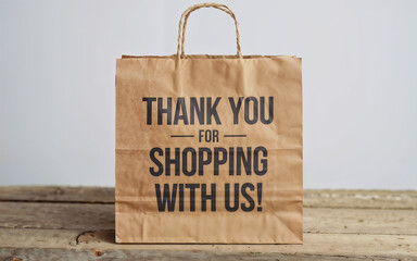 Brown kraft paper shopping bag with Thank You For Shopping With Us text message on wooden surface against light gray background