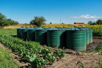Obraz premium Rainwater collection tanks on a farm under a clear blue sky