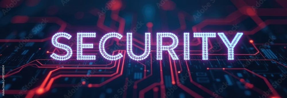 Poster glowing security text over printed circuit board