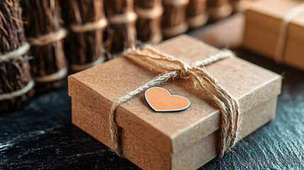 Rustic brown gift box tied with twine and heart tag.