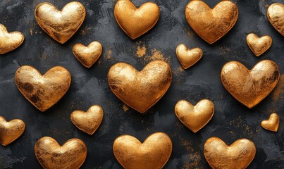Golden hearts on dark background, romance, love, Valentine's Day.