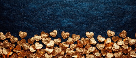 Golden hearts on dark blue textured background for romantic designs.
