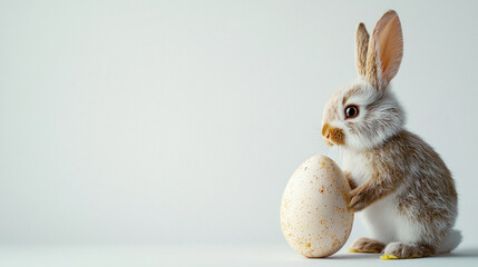 Obraz premium A small rabbit gently touches a speckled egg while sitting on a smooth white surface, creating a tranquil spring atmosphere