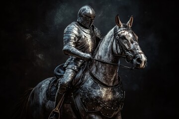 Fototapeta premium A knight clad in polished armor rides a powerful warhorse. The dramatic lighting highlights their commanding presence against a shadowy backdrop, evoking a sense of history