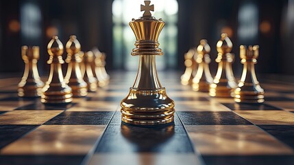 Golden king chess piece on board, strategy game, indoor setting, leadership concept.