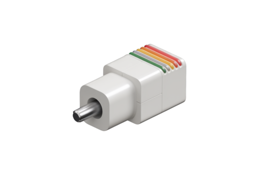 A 3D render of a white RCA connector with a rainbow-colored stripe detail. background removed