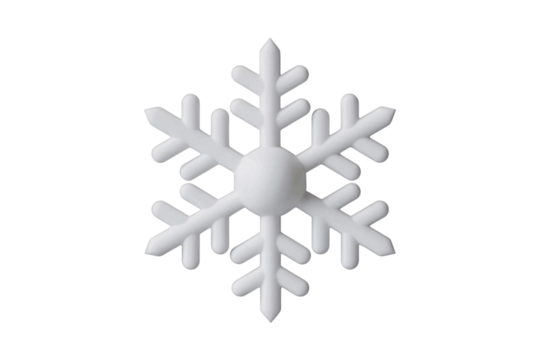 A minimalist 3D rendered white snowflake on a transparent background, symbolizing winter and festive cheer. background removed