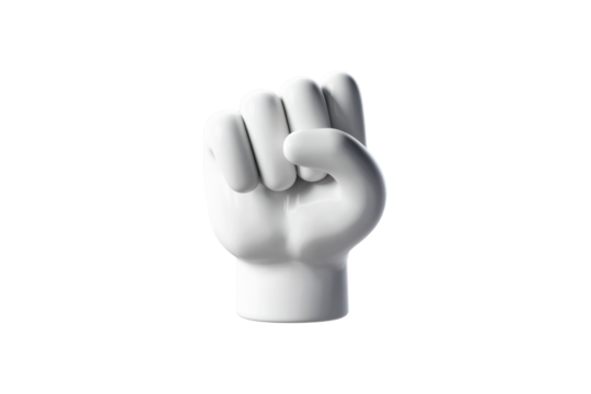 A 3D rendered image of a white cartoon fist, representing strength and unity. background removed