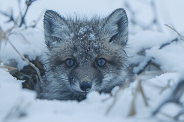 Naklejka premium Adorable fox kit peeking from snowy den, winter wildlife.