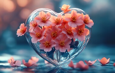 Glass heart with soft pink flowers


