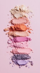 Fototapeta premium Colorful cosmetic powders smeared across a pink background, creating a stunning gradient effect. Ideal for beauty and makeup concepts, showcasing vibrant hues and textures