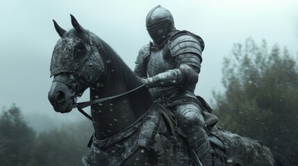 Fototapeta premium A knight clad in shining armor sits astride a powerful warhorse, navigating a foggy forest path on a rainy day, evoking a sense of adventure and history in high definition