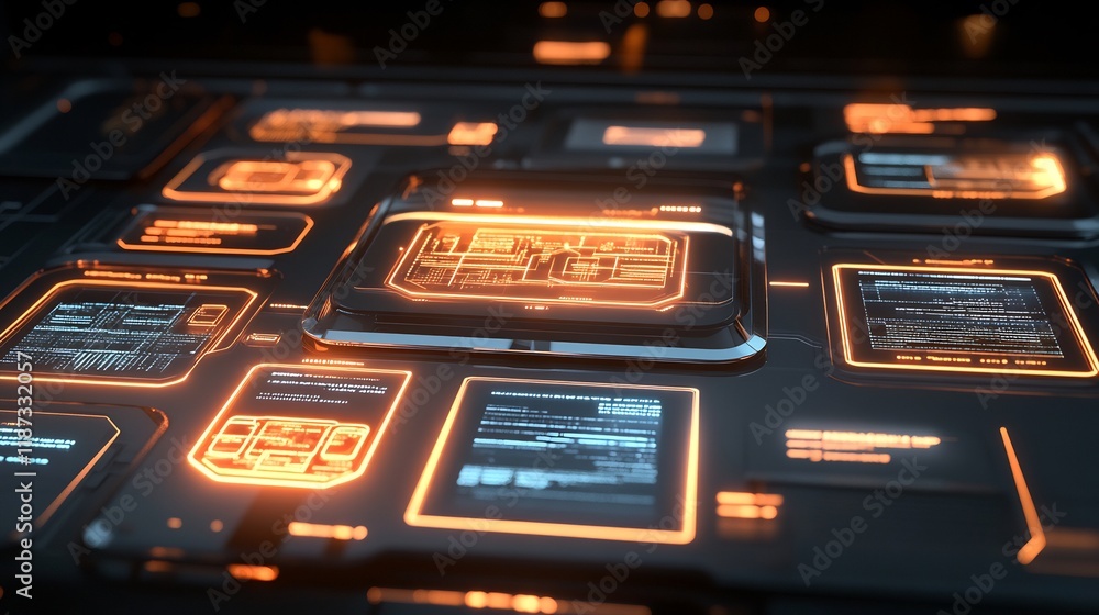 Aufkleber Crm system interface designed glowing holographic widgets displaying organized data flows